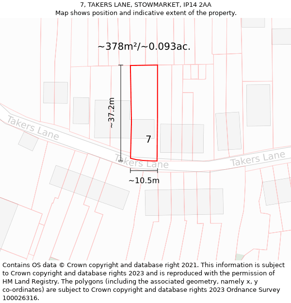 7, TAKERS LANE, STOWMARKET, IP14 2AA: Plot and title map