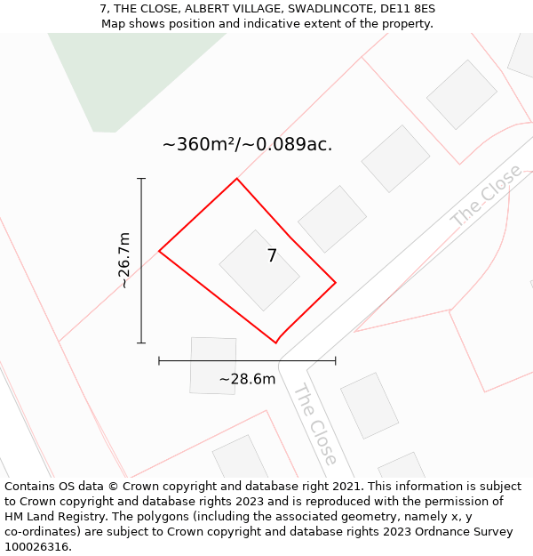 7, THE CLOSE, ALBERT VILLAGE, SWADLINCOTE, DE11 8ES: Plot and title map