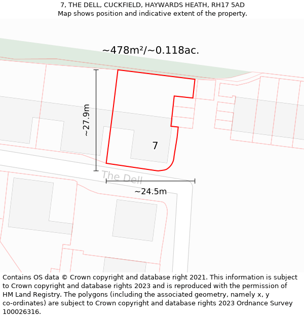 7, THE DELL, CUCKFIELD, HAYWARDS HEATH, RH17 5AD: Plot and title map