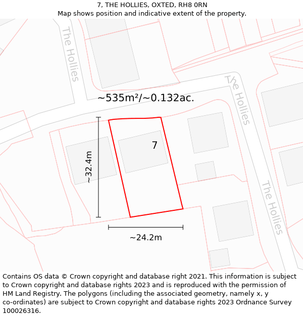 7, THE HOLLIES, OXTED, RH8 0RN: Plot and title map