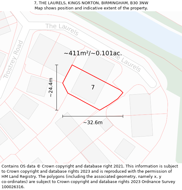 7, THE LAURELS, KINGS NORTON, BIRMINGHAM, B30 3NW: Plot and title map