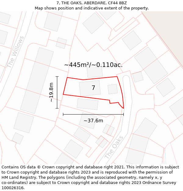 7, THE OAKS, ABERDARE, CF44 8BZ: Plot and title map