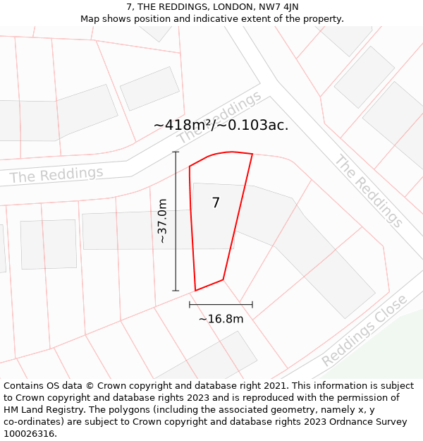 7, THE REDDINGS, LONDON, NW7 4JN: Plot and title map