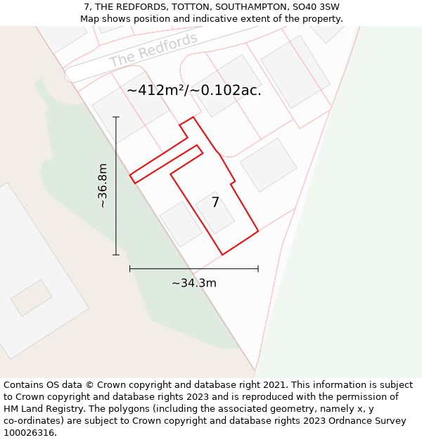 7, THE REDFORDS, TOTTON, SOUTHAMPTON, SO40 3SW: Plot and title map