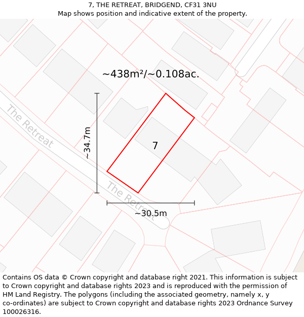 7, THE RETREAT, BRIDGEND, CF31 3NU: Plot and title map