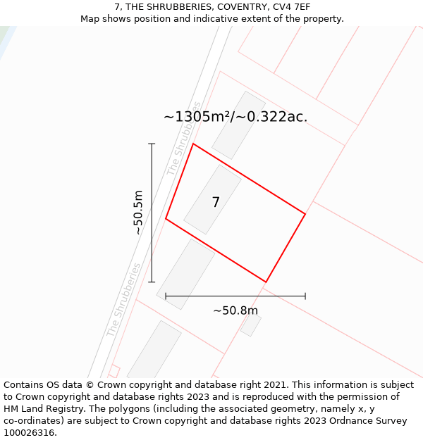 7, THE SHRUBBERIES, COVENTRY, CV4 7EF: Plot and title map