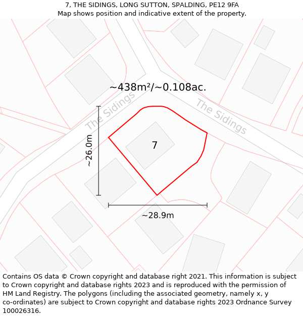 7, THE SIDINGS, LONG SUTTON, SPALDING, PE12 9FA: Plot and title map