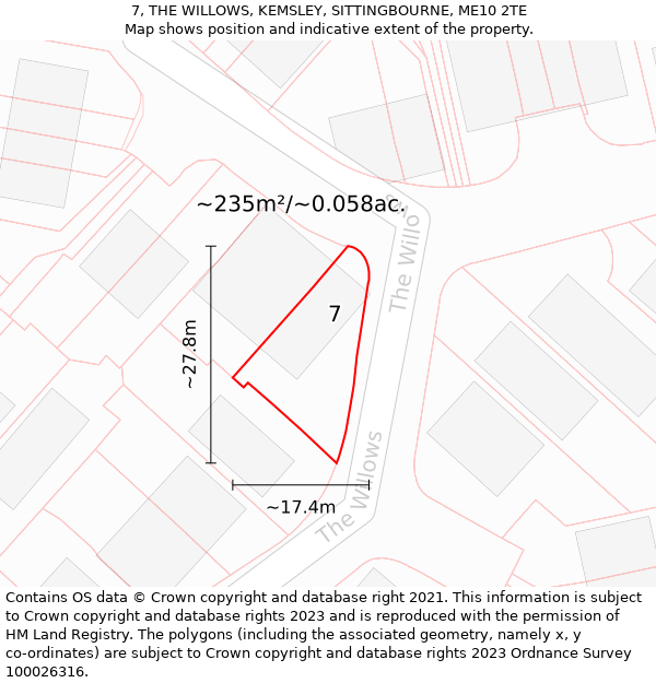 7, THE WILLOWS, KEMSLEY, SITTINGBOURNE, ME10 2TE: Plot and title map