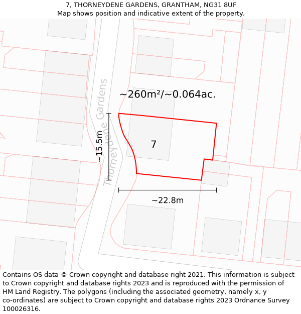 7, THORNEYDENE GARDENS, GRANTHAM, NG31 8UF: Plot and title map