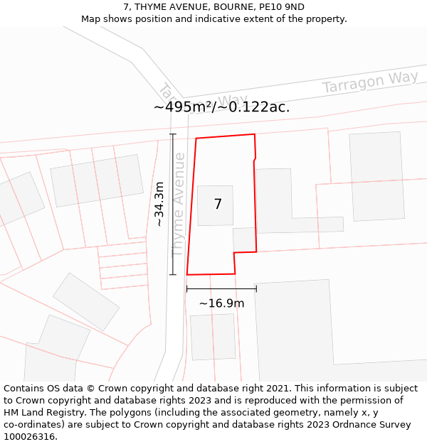 7, THYME AVENUE, BOURNE, PE10 9ND: Plot and title map