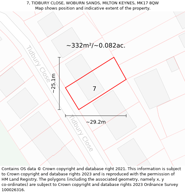 7, TIDBURY CLOSE, WOBURN SANDS, MILTON KEYNES, MK17 8QW: Plot and title map