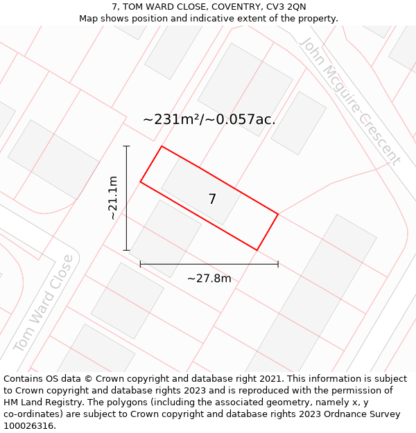 7, TOM WARD CLOSE, COVENTRY, CV3 2QN: Plot and title map