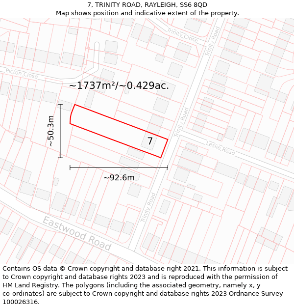 7, TRINITY ROAD, RAYLEIGH, SS6 8QD: Plot and title map