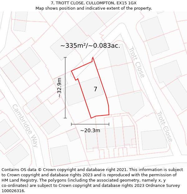 7, TROTT CLOSE, CULLOMPTON, EX15 1GX: Plot and title map