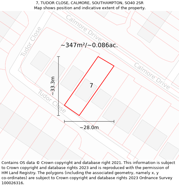 7, TUDOR CLOSE, CALMORE, SOUTHAMPTON, SO40 2SR: Plot and title map