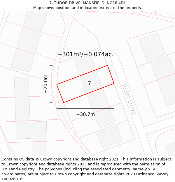 7, TUDOR DRIVE, MANSFIELD, NG18 4DH: Plot and title map