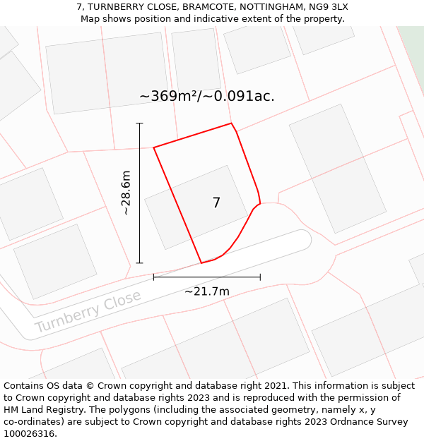 7, TURNBERRY CLOSE, BRAMCOTE, NOTTINGHAM, NG9 3LX: Plot and title map