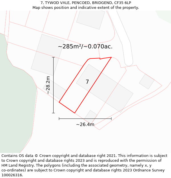 7, TYWOD VALE, PENCOED, BRIDGEND, CF35 6LP: Plot and title map