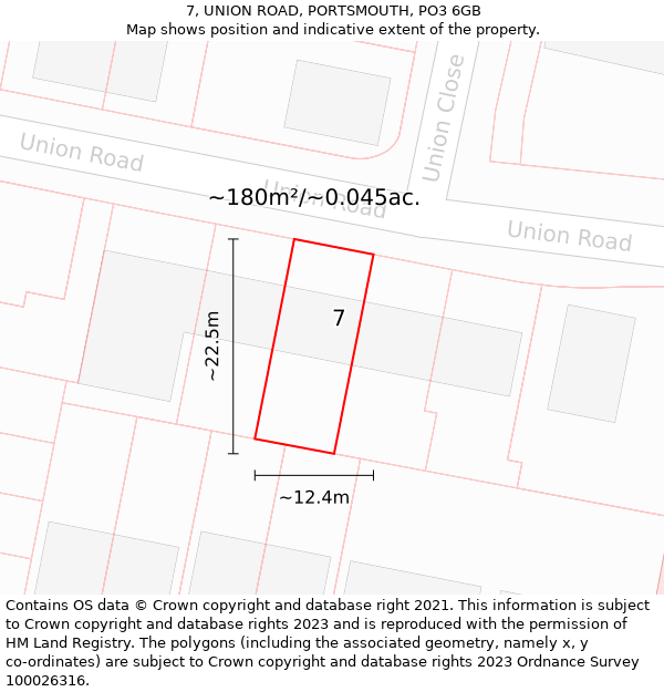 7, UNION ROAD, PORTSMOUTH, PO3 6GB: Plot and title map