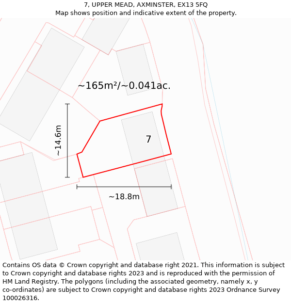 7, UPPER MEAD, AXMINSTER, EX13 5FQ: Plot and title map