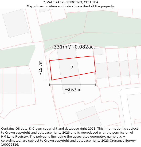 7, VALE PARK, BRIDGEND, CF31 5EA: Plot and title map