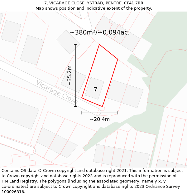 7, VICARAGE CLOSE, YSTRAD, PENTRE, CF41 7RR: Plot and title map