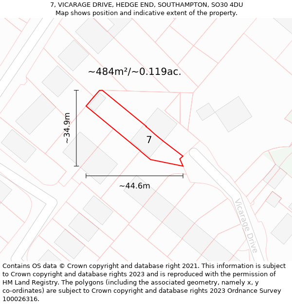 7, VICARAGE DRIVE, HEDGE END, SOUTHAMPTON, SO30 4DU: Plot and title map