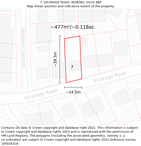 7, VICARAGE ROAD, WOKING, GU22 9BP: Plot and title map