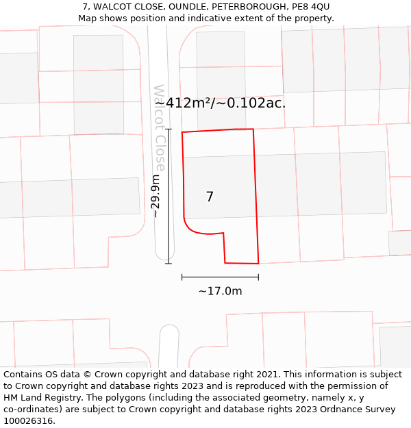 7, WALCOT CLOSE, OUNDLE, PETERBOROUGH, PE8 4QU: Plot and title map