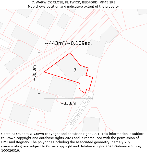 7, WARWICK CLOSE, FLITWICK, BEDFORD, MK45 1RS: Plot and title map