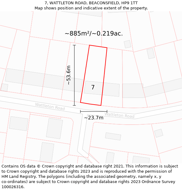 7, WATTLETON ROAD, BEACONSFIELD, HP9 1TT: Plot and title map