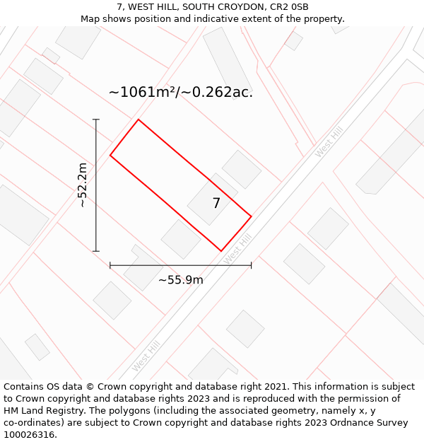 7, WEST HILL, SOUTH CROYDON, CR2 0SB: Plot and title map