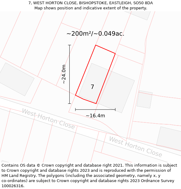 7, WEST HORTON CLOSE, BISHOPSTOKE, EASTLEIGH, SO50 8DA: Plot and title map