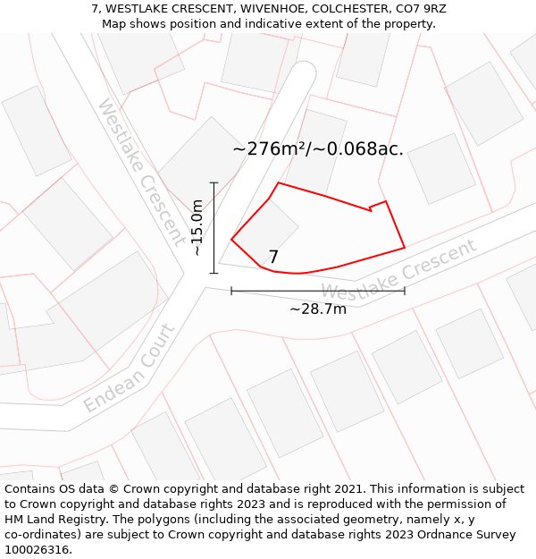 7, WESTLAKE CRESCENT, WIVENHOE, COLCHESTER, CO7 9RZ: Plot and title map