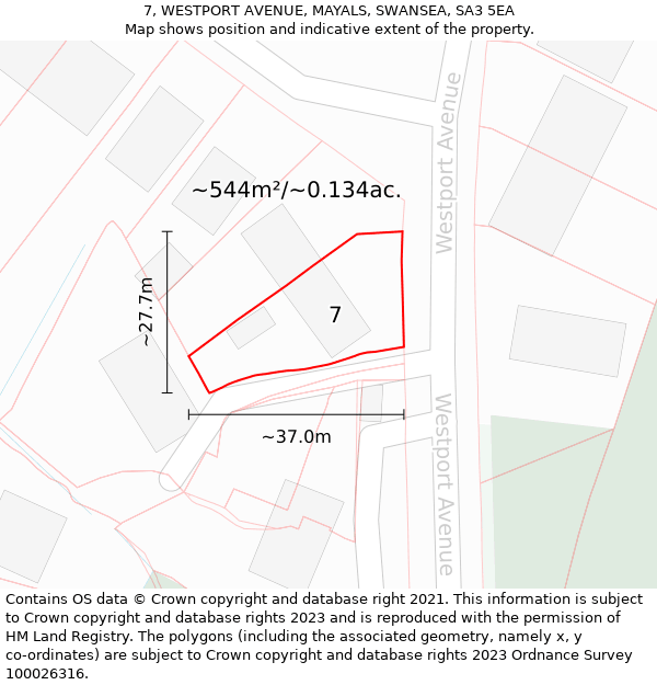 7, WESTPORT AVENUE, MAYALS, SWANSEA, SA3 5EA: Plot and title map