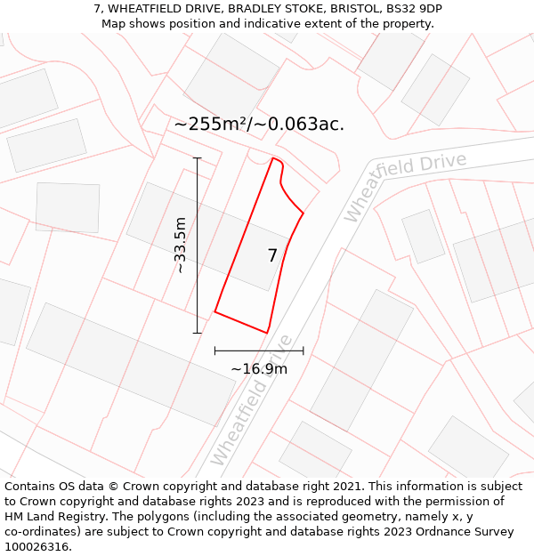7, WHEATFIELD DRIVE, BRADLEY STOKE, BRISTOL, BS32 9DP: Plot and title map