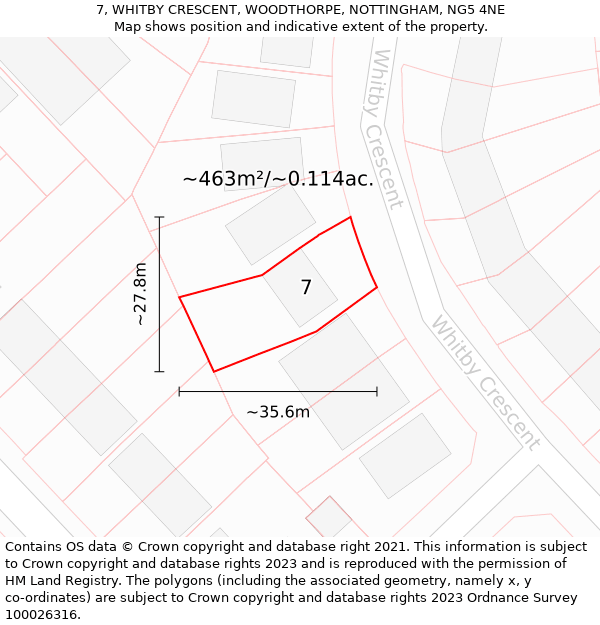 7, WHITBY CRESCENT, WOODTHORPE, NOTTINGHAM, NG5 4NE: Plot and title map