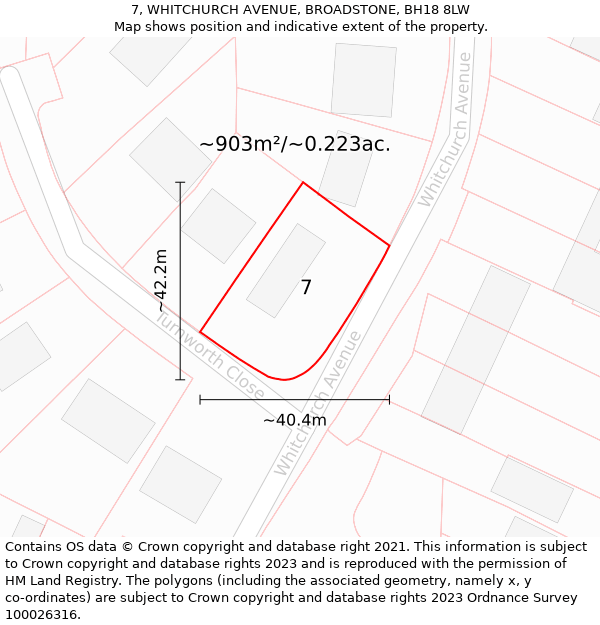 7, WHITCHURCH AVENUE, BROADSTONE, BH18 8LW: Plot and title map
