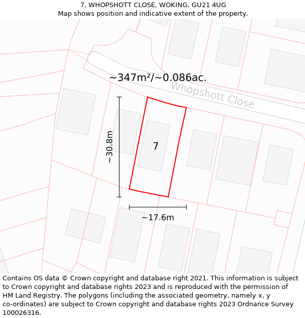 7, WHOPSHOTT CLOSE, WOKING, GU21 4UG: Plot and title map