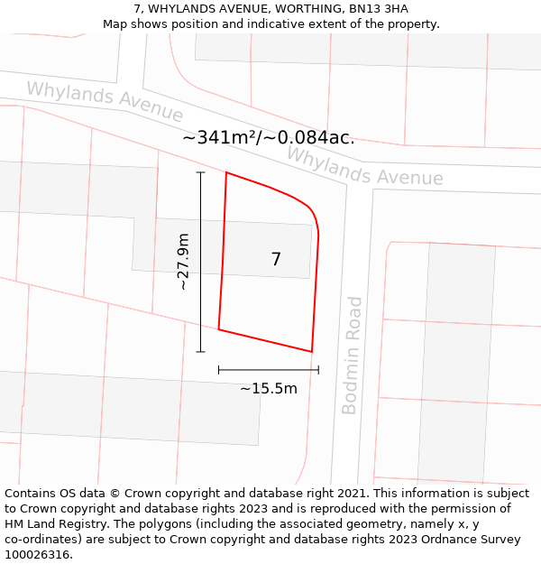 7, WHYLANDS AVENUE, WORTHING, BN13 3HA: Plot and title map