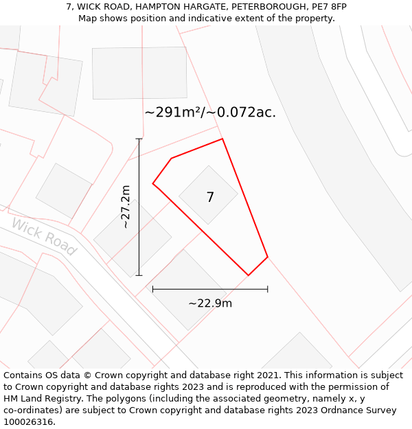 7, WICK ROAD, HAMPTON HARGATE, PETERBOROUGH, PE7 8FP: Plot and title map