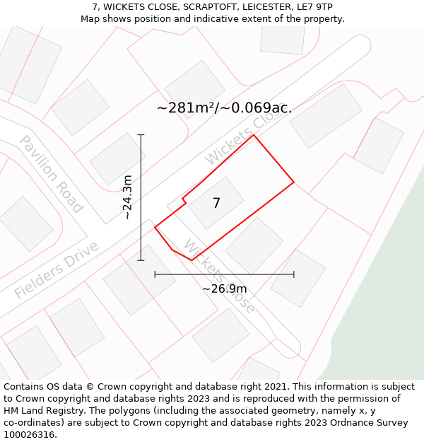 7, WICKETS CLOSE, SCRAPTOFT, LEICESTER, LE7 9TP: Plot and title map