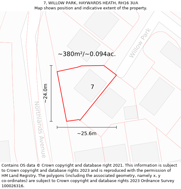 7, WILLOW PARK, HAYWARDS HEATH, RH16 3UA: Plot and title map