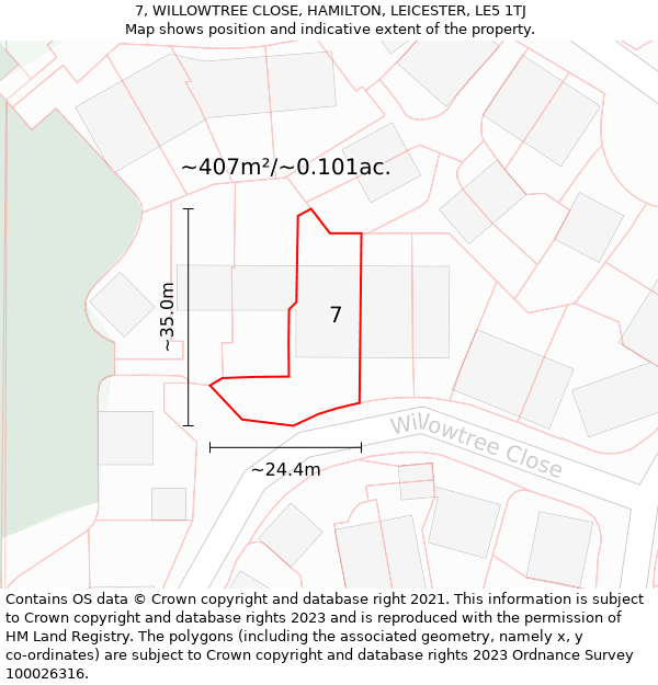 7, WILLOWTREE CLOSE, HAMILTON, LEICESTER, LE5 1TJ: Plot and title map