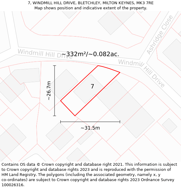 7, WINDMILL HILL DRIVE, BLETCHLEY, MILTON KEYNES, MK3 7RE: Plot and title map