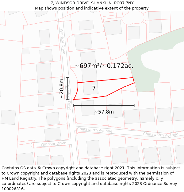 7, WINDSOR DRIVE, SHANKLIN, PO37 7NY: Plot and title map