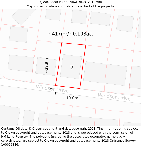 7, WINDSOR DRIVE, SPALDING, PE11 2RP: Plot and title map