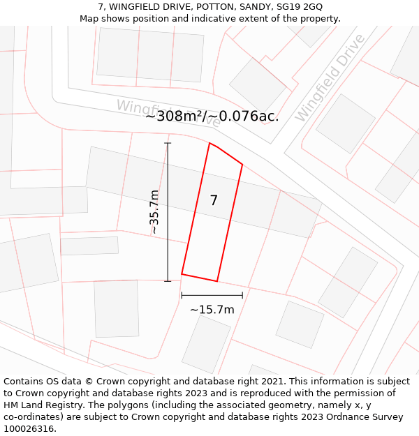 7, WINGFIELD DRIVE, POTTON, SANDY, SG19 2GQ: Plot and title map