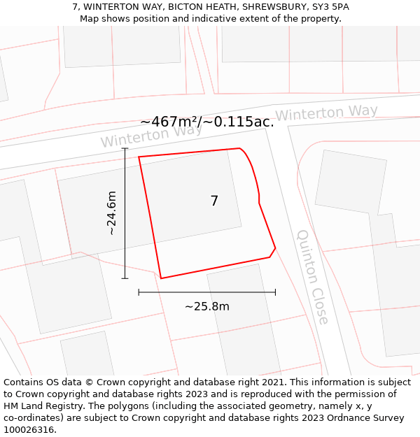 7, WINTERTON WAY, BICTON HEATH, SHREWSBURY, SY3 5PA: Plot and title map