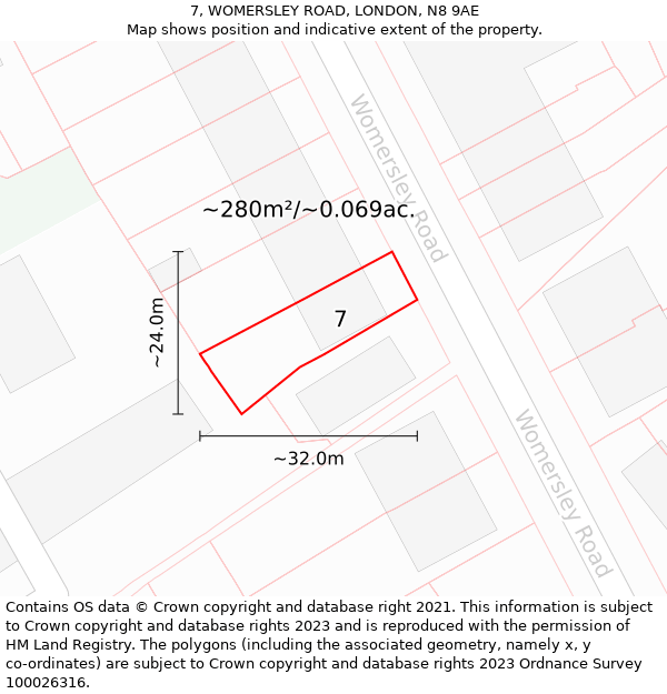 7, WOMERSLEY ROAD, LONDON, N8 9AE: Plot and title map